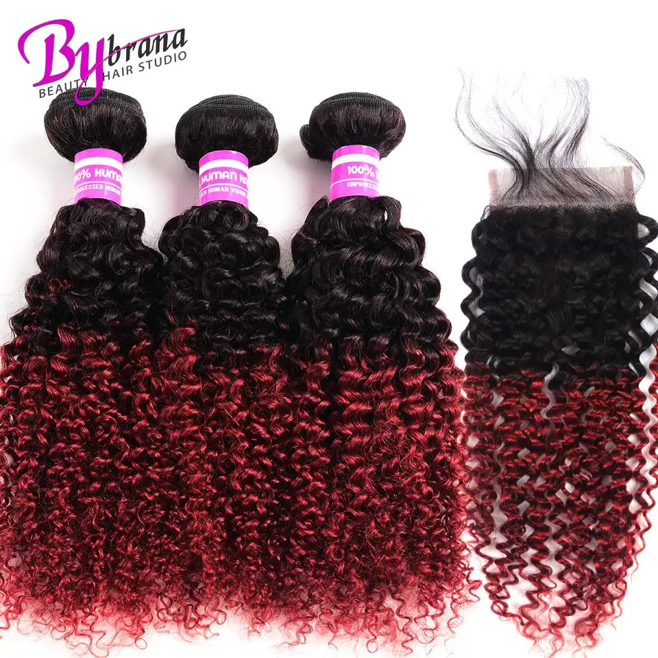 Bybrana 1BBurgundy Malaysia Kinky Curly Wave Bundles With Closure Non-remy Hair Bundles With Closure 100% Human Hair (6)