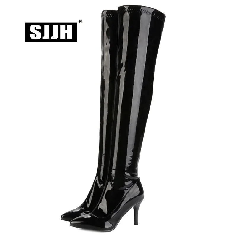 SJJH Women Stiletto Long Boots with Point Toe Zip Patent Leather Plush Over-the-Knee Boots Fashion Sexy Shoes Large Size Q600