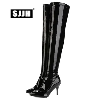 

SJJH Women Stiletto Long Boots with Point Toe Zip Patent Leather Plush Over-the-Knee Boots Fashion Sexy Shoes Large Size Q600