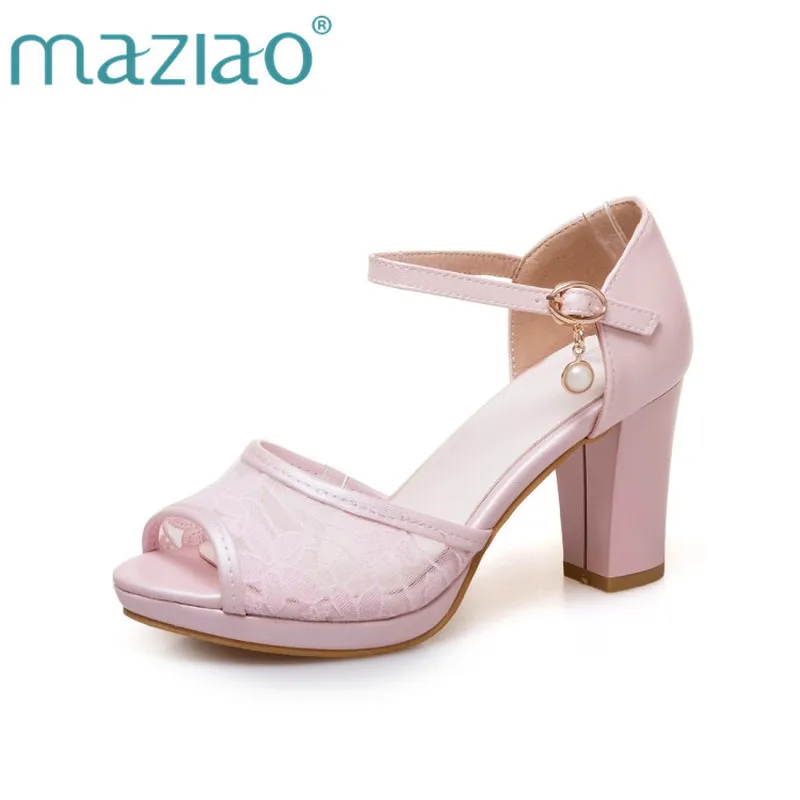 

MAZIAO 2018 Women sandals Square High Heel PU Leather String Bead Ankle Strap Peep Toe White Ladies Wedding Shoes Size 33-43
