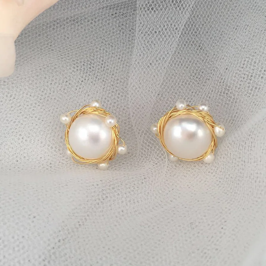 

14KGF fashion jewelry golden earrings handmade natural freshwater pearl for women gift