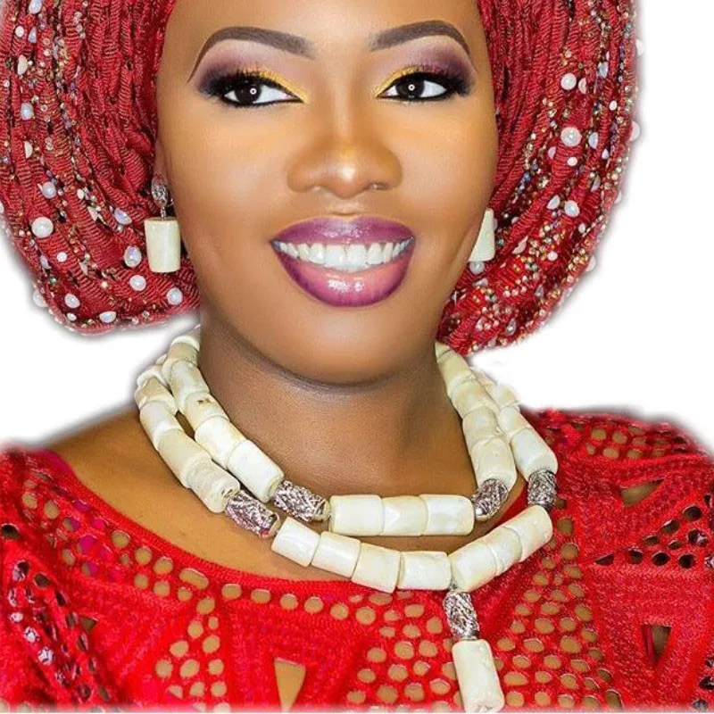 

Dudo Jewelry Nigerian Coral Bridal Jewelry Set White & Silver Jewellery Set Necklace Earrings 2 Layers Handmade Necklace Set