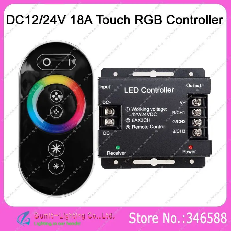 

DC12V-24V 18A RGB LED Controller with RF Full Touch Wireless Remote & Color Wheel for 5050 or 3528 SMD RGB LED Striplight