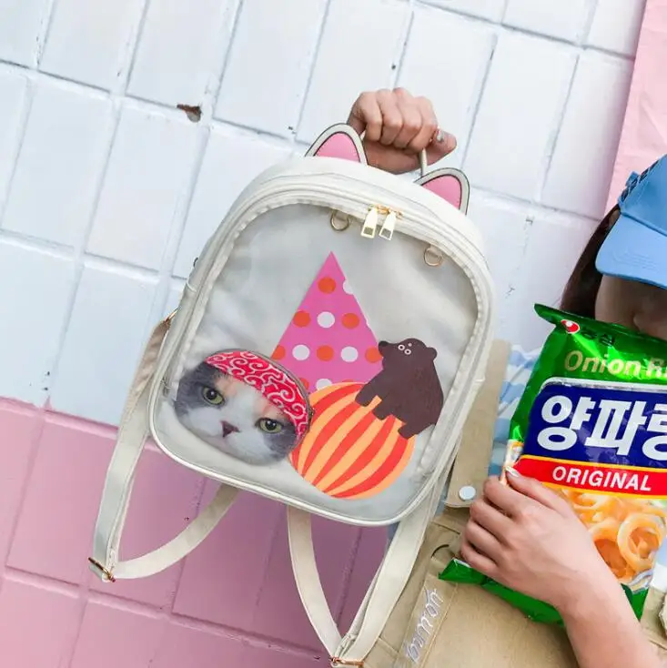 Bolsas escolares coreanas de Color caramelo gato Ita para niñas adolescentes PU cuero gelatina transparente Mochila Rugtas Mochila Escolar