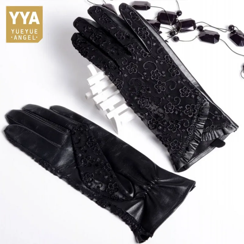 

Elegant Lace Lady Gloves Genuine Leather Autumn Winter Touch Screen Gloves Party Goatskin Luxury Brand Leather Gloves Womens New