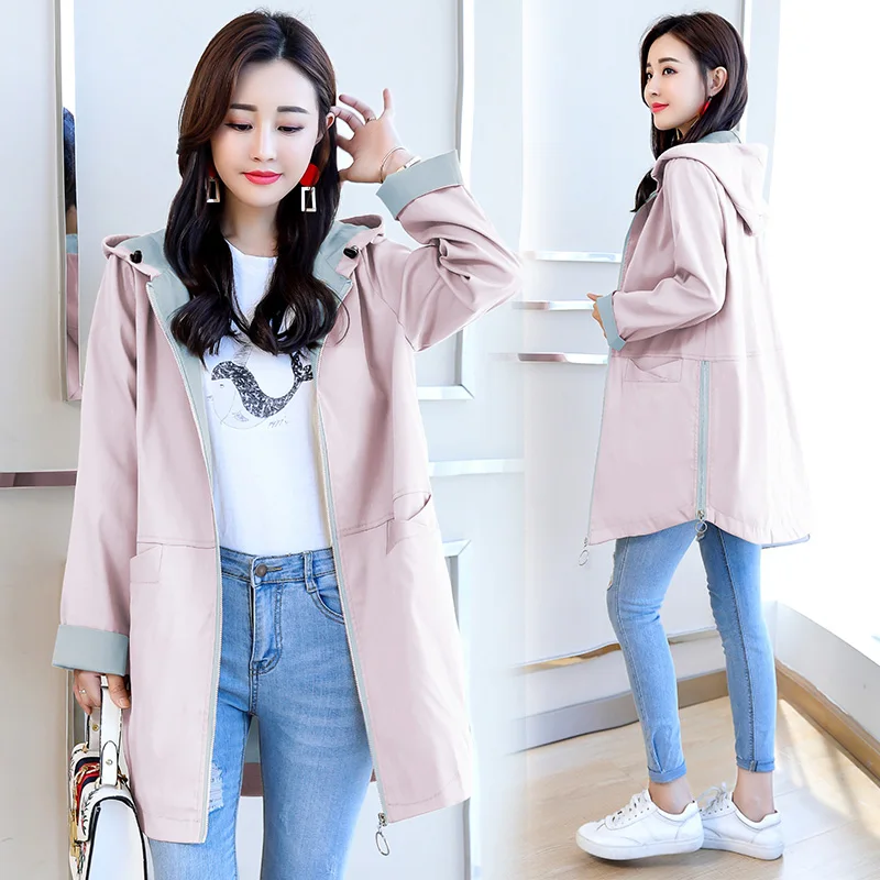 Goedkoop Grote Maat Vrouwen Mid lengte Trenchcoat 2019 Lente Herfst Nieuwe Outwears Vrouwelijke Lange Mouwen Rits Solid Pockets windbreake Top