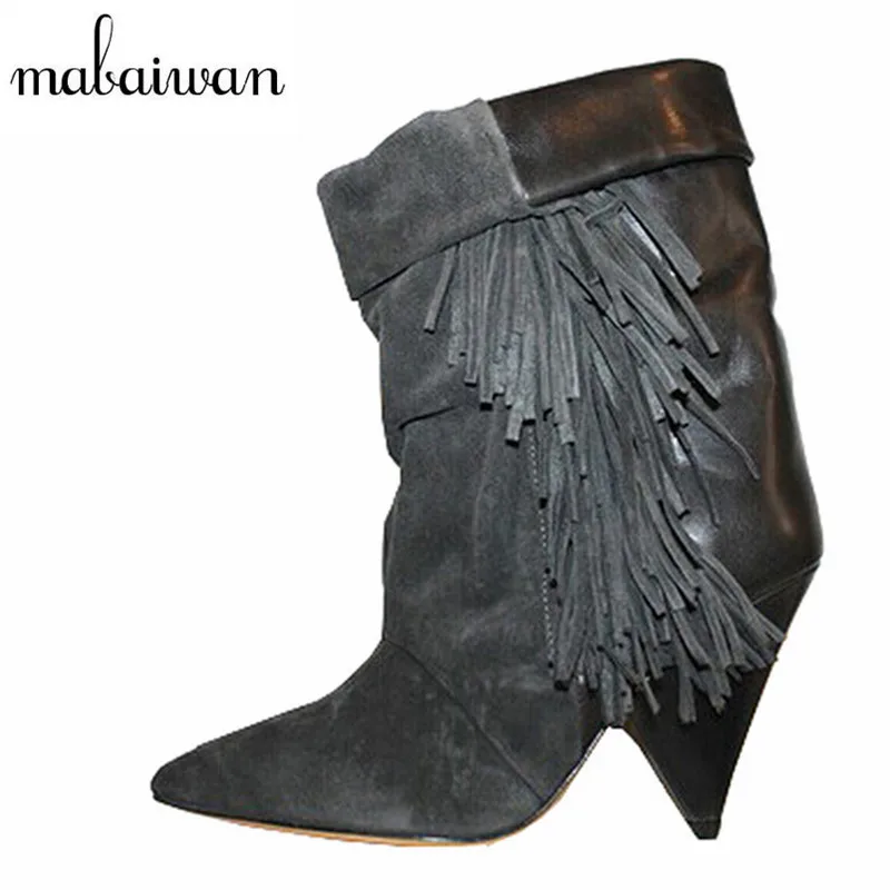 Mabaiwan Dark Gray Tassel Women Ankle Boots Genuine Leather Pointed Toe
