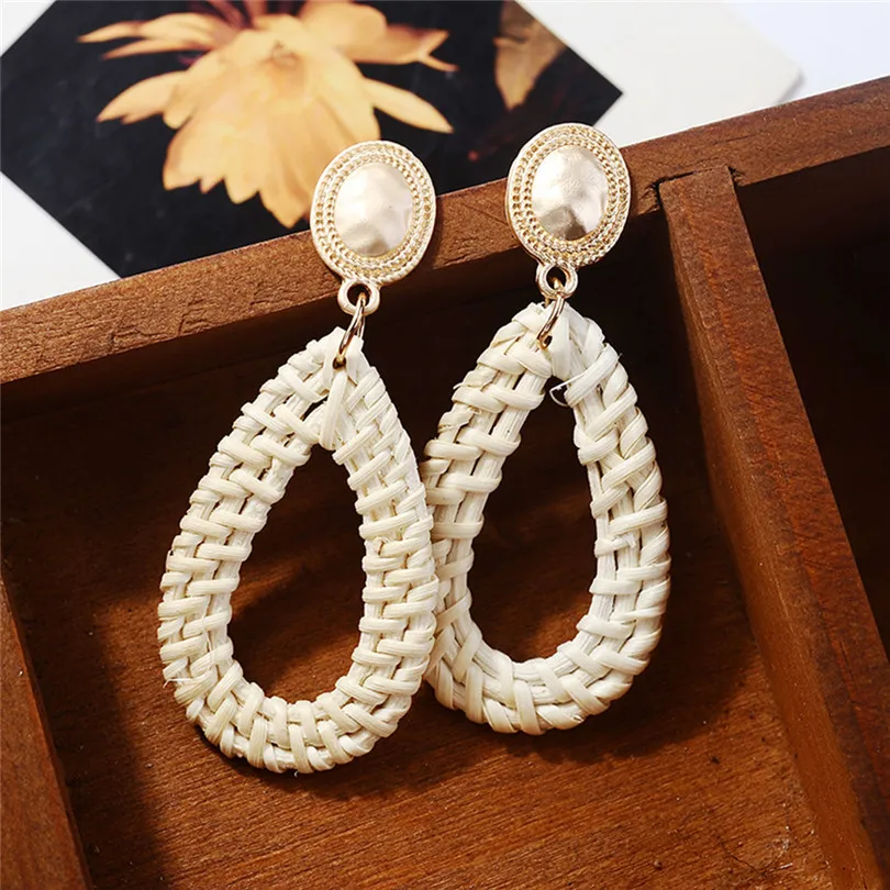 Fashion Women Girls Bohemian Retro Earrings Style Pearl Handmade Rattan Geometric Drop Ladies Jewelry #3E17 (4)