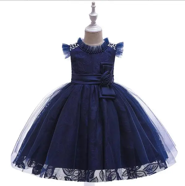 Стиль, гофрированное платье с круглым вырезом, темно-синие Дешевые Платья с цветочным узором для девочек г., бальное платье принцессы, вечерние платья для маленьких девочек - Цвет: L5121-Navy Blue