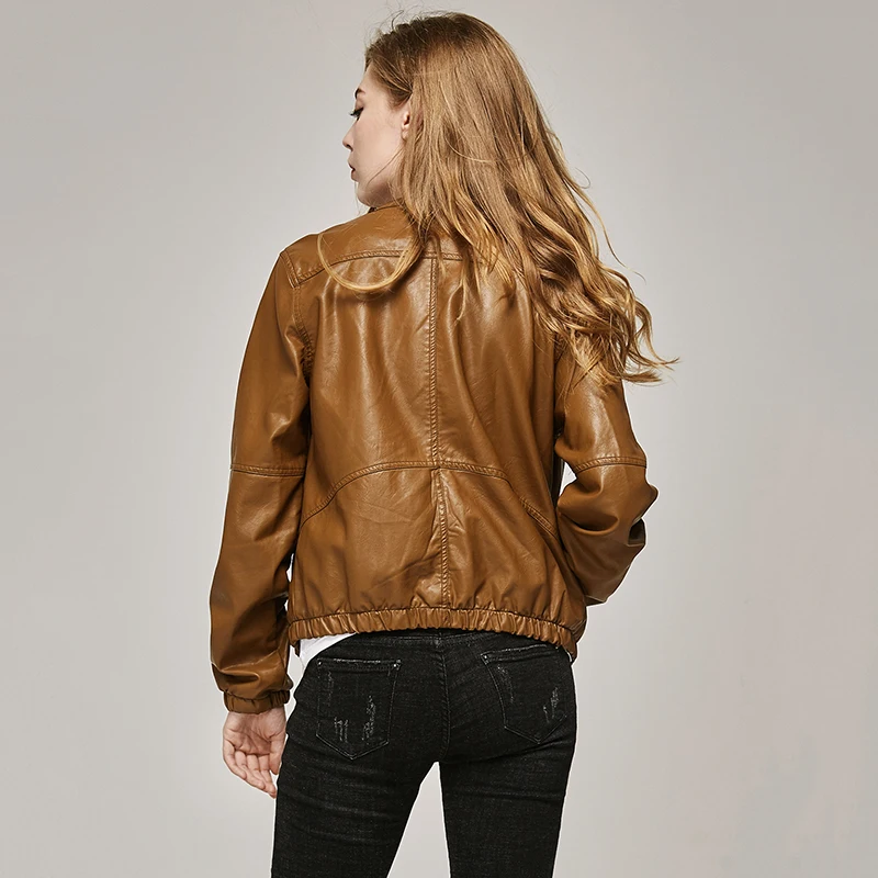 ESCALIEA Women's Slim Washed PU Leather Jacket Fashion O-Neck Zipper Bright Colors Coats New Ladies Basic Jackets ESCALIEA Women's Slim Washed PU Leather Jacket Fashion O-Neck Zipper Bright Colors Coats New Ladies Basic Jackets