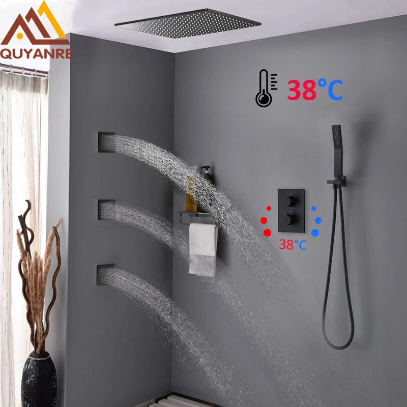quyanre wanfan gappo matte black 3-way thermostatic shower faucets kit rainfall shower head 3pcs massage spa jets thermostatic mixer bath shower faucet