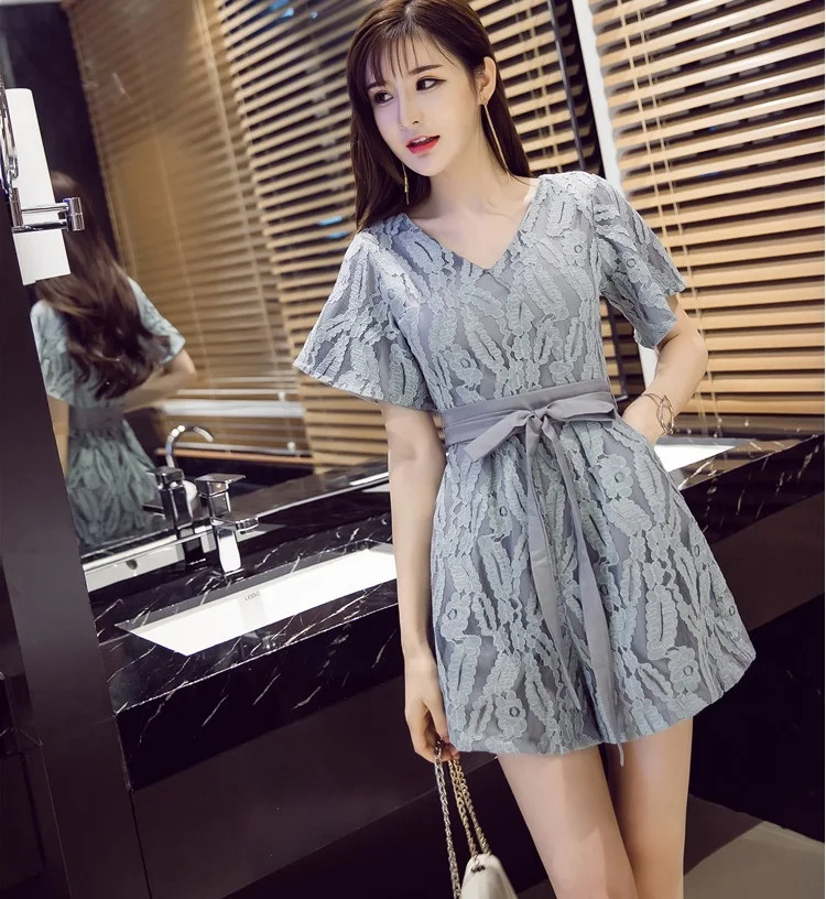Пикантные кружево Sash Playsuit для женщин Элегантный вечерние партии Короткий комбинезон сетчатая Вышивка спинки повседнев