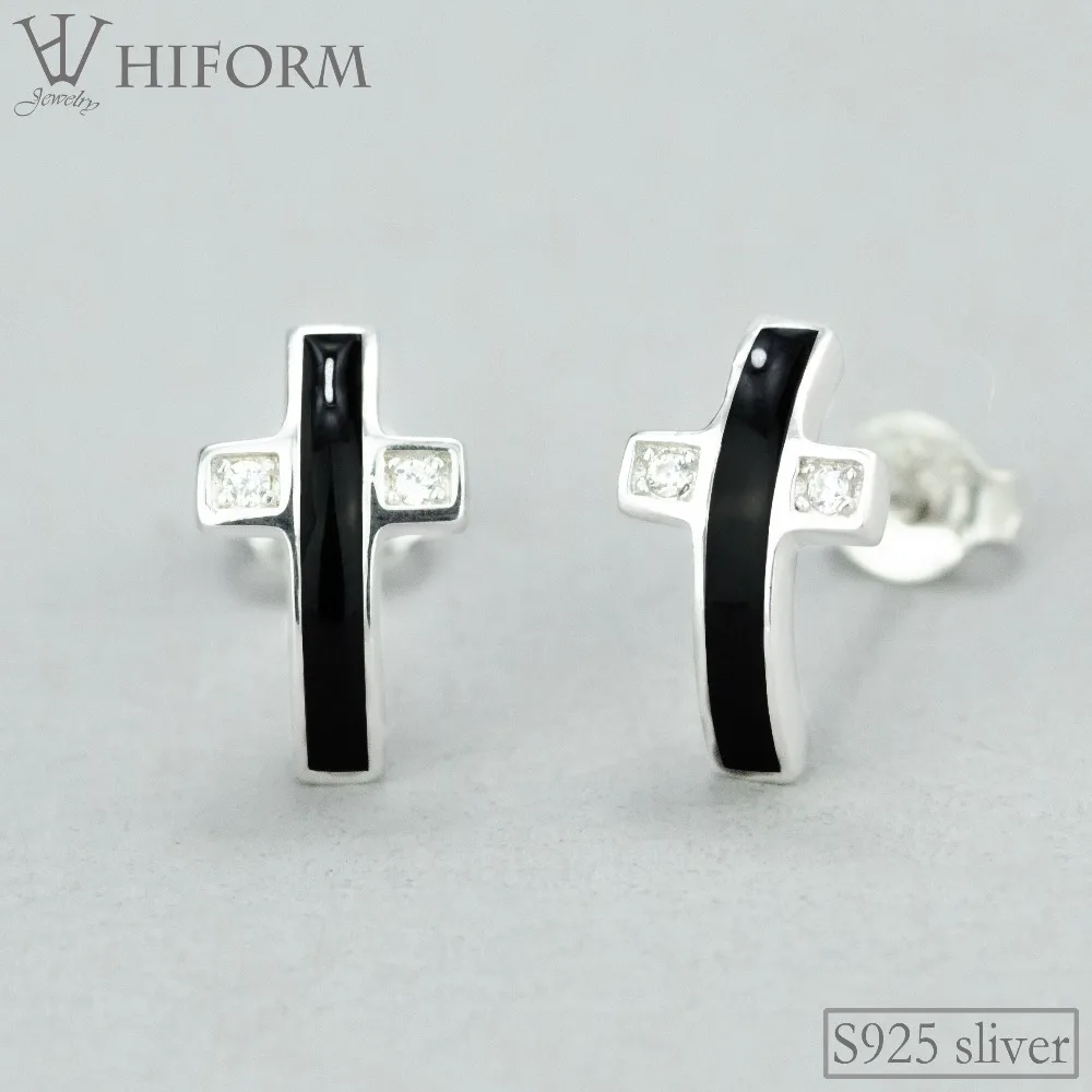 

925 Sterling Silver Black Cross Stud Earrings For Women With Clear CZ Fashion Jewelry Epoxy Resin Earring Gifts