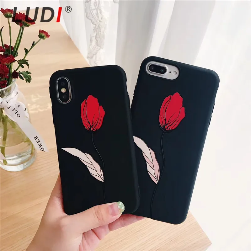 

LUDI Vintage Red Rose Floral Phone Case for iPhone 5/5s/SE/7/7Plus Soft TPU Phone Bag for iPhone XS/MAX/XR/X/6/6s/8 Plus Flower