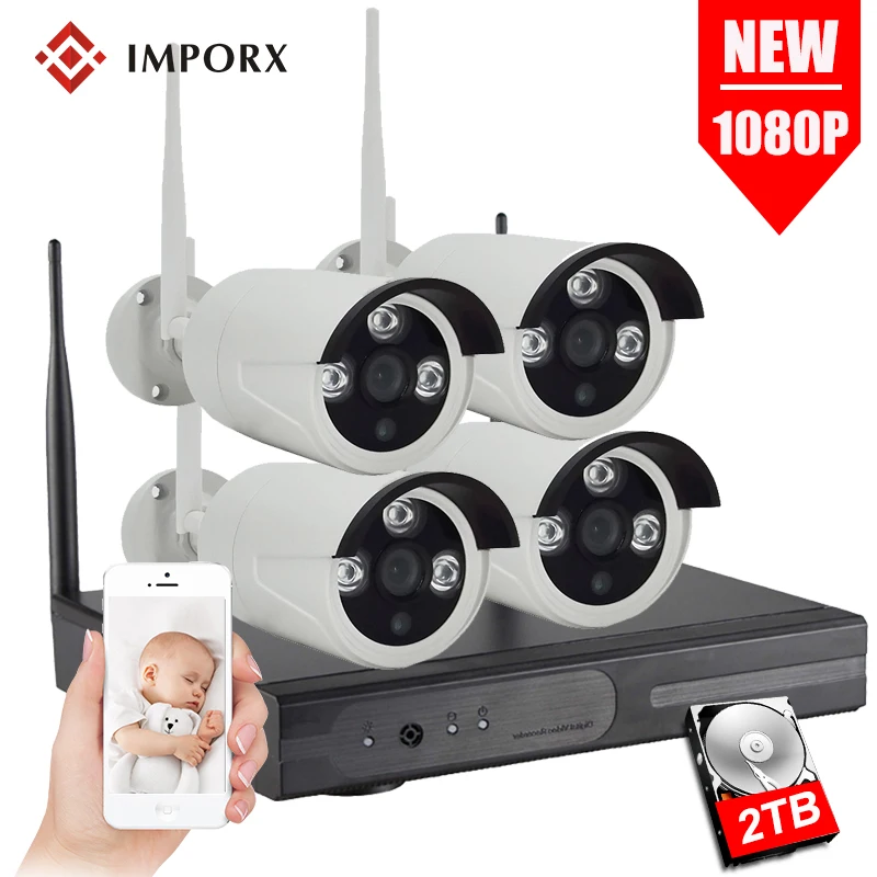 IMPORX CCTV Камера 4CH 1080 P HD Беспроводной видеонаблюдения Системы 2MP P2P Водонепроницаемый Открытый безопасности набор для наблюдения с 1 2 T HDD
