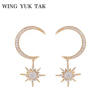 

wing yuk tak Star Moon Drop Earrings Fashion Classic Boho Gold Color Copper Jewelry High Quality Fashion Woman Earrings 2018