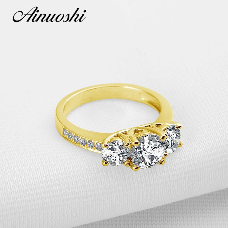 

AINUOSHI Three Stones Yellow Gold Ring 10K Solid Gold Wedding Ring Round Cut Sona Diamond Jewelry Anillos Romantic Proposal Ring