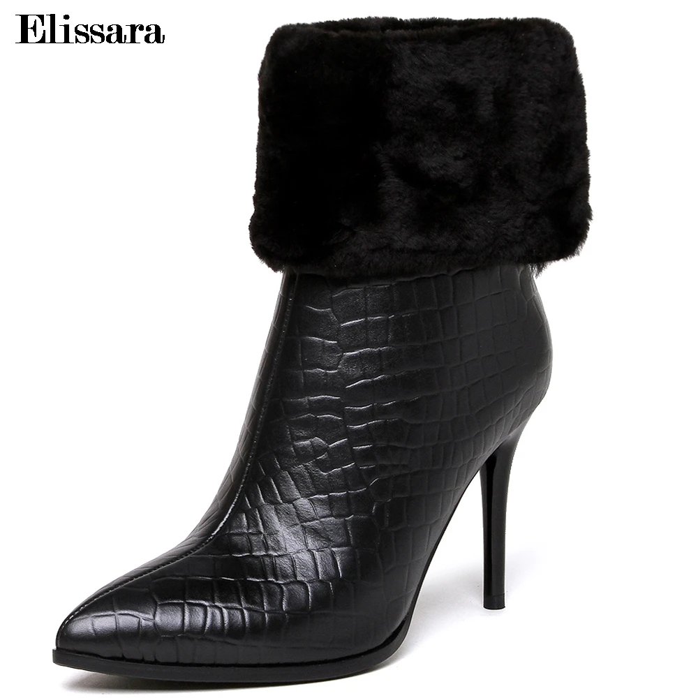 

Elissara Women High Heels Ankle Boots Shoes Woman Genuine Leather Boots Excellent Quality Zip Pointed Toe Black Boots Plus Size