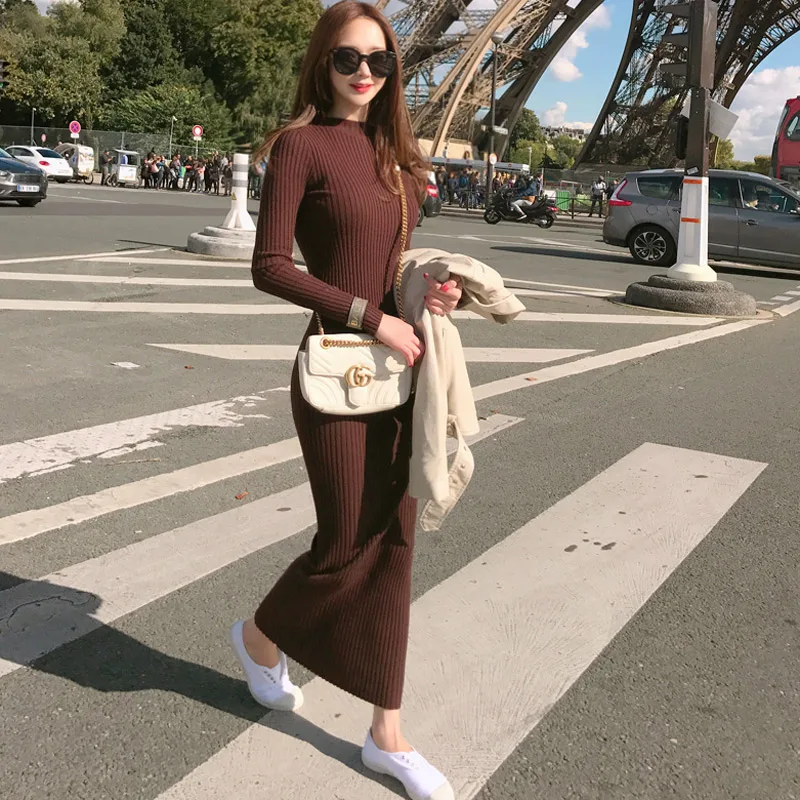 Платья свитеры осень зима трикотажные Bodycon Midi платья Для женщин с круглым вырезом