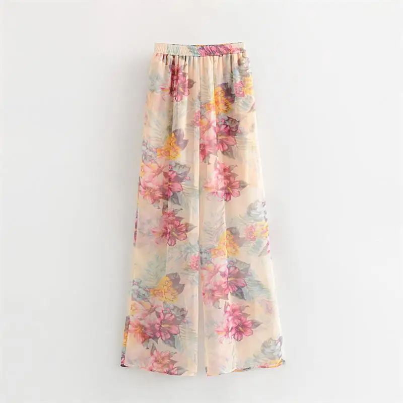

2019 Fashion Floral Print Summer Boho Beach Wide leg Pants Women Casual Elastic waist Split Long Pants Female trousers#A064
