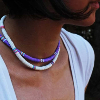 

Donarsei 2019 New Fashion Soft Pottery Choker Necklace For Women Bohemian Adjustable Colorful Clay Collar Necklace Beach Jewelry