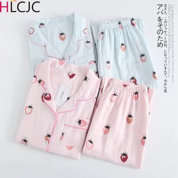 

Double Gauze Pajamas Set Long Sleeve Trousers Pajamas Strawberry Pattern Three Colors Playful Beautiful Style Home Clothes