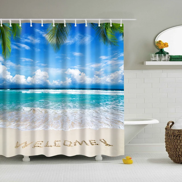 In Stock Beach Shower Curtain Palm Tree Summer Pattern Fabric Design In Stock Beach Shower Curtain Palm Tree Summer Pattern Fabric Design Bathroom Waterproof Blue