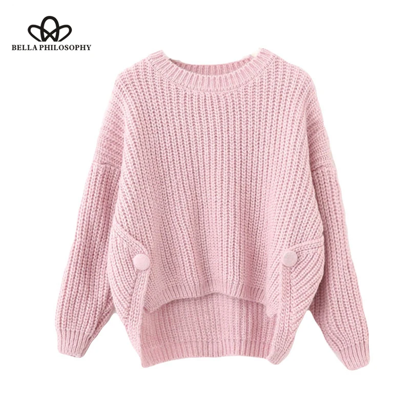 Wonder 2018 new autumn 0 Neck Autumn women sweaters ladies pullovers Casual Loose Short Front Knitted Sweater Button Pink Jumper