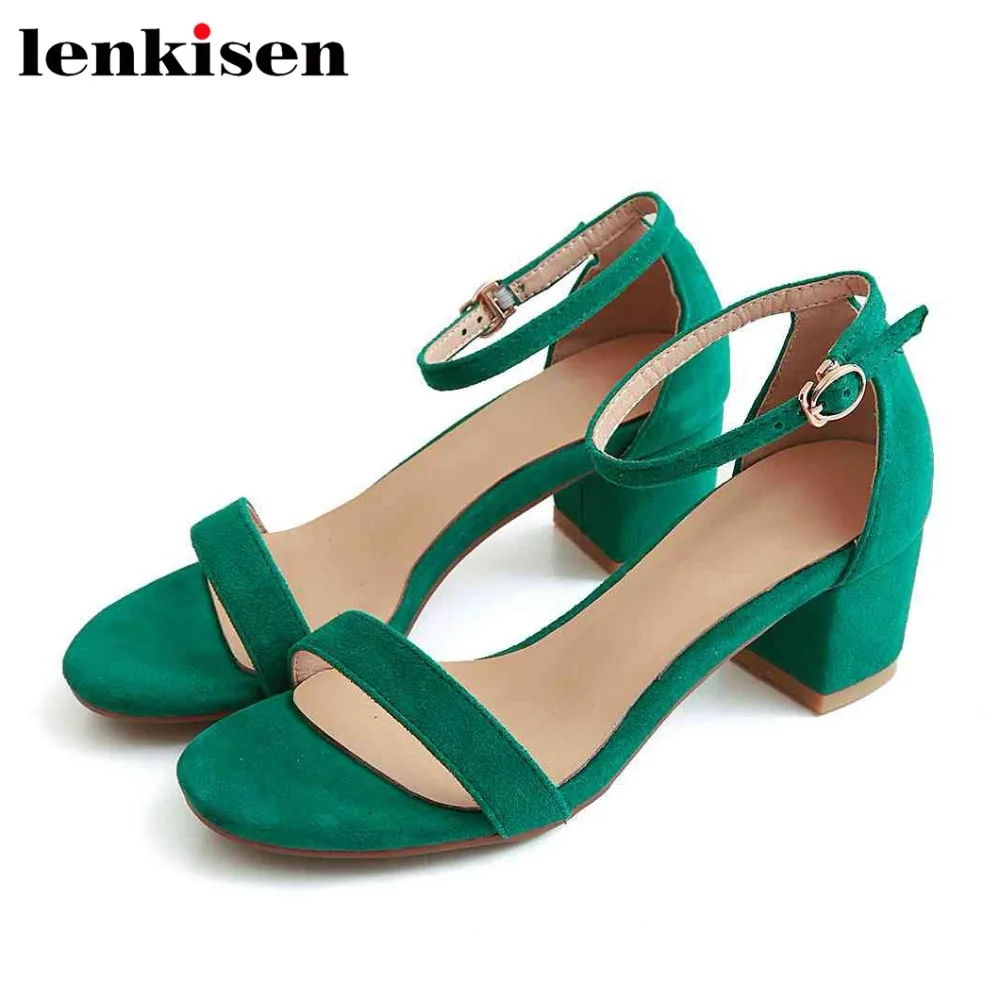 

Lenkisen 2018 hot sale kid suede peep toe dating party buckle strap thick heels runway sexy colorful gorgeous women sandals L08