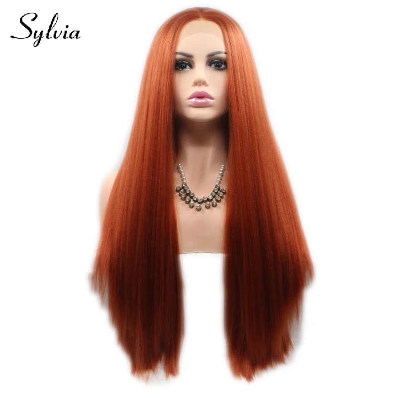 Sylvia 360 # цвета: красный и коричневый Yaki прямо синтетические кружева спереди парики природных бесклеевой жаропрочных волокна волос для