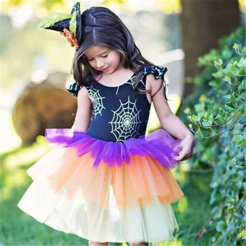

Pop Tollder Kid Baby Girls Spider Wed Print Multicolored Halloween Tulle Tutu Ball Gown Dress Child Suits 1-6T