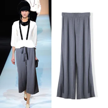 

2018Spring New Arrival Euramerican Women'casual Pants Plus Size Elastic Waist Simple Nine Points Pants Drawstring Wide Leg Pants