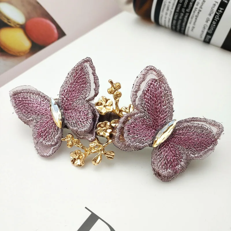 Корейская винтажная кружевная Вышивка Бабочка Золотая шпилька для волос в виде листа элегантные женские аксессуары для волос весенние клипсы женские ювелирные изделия - Цвет: Purple