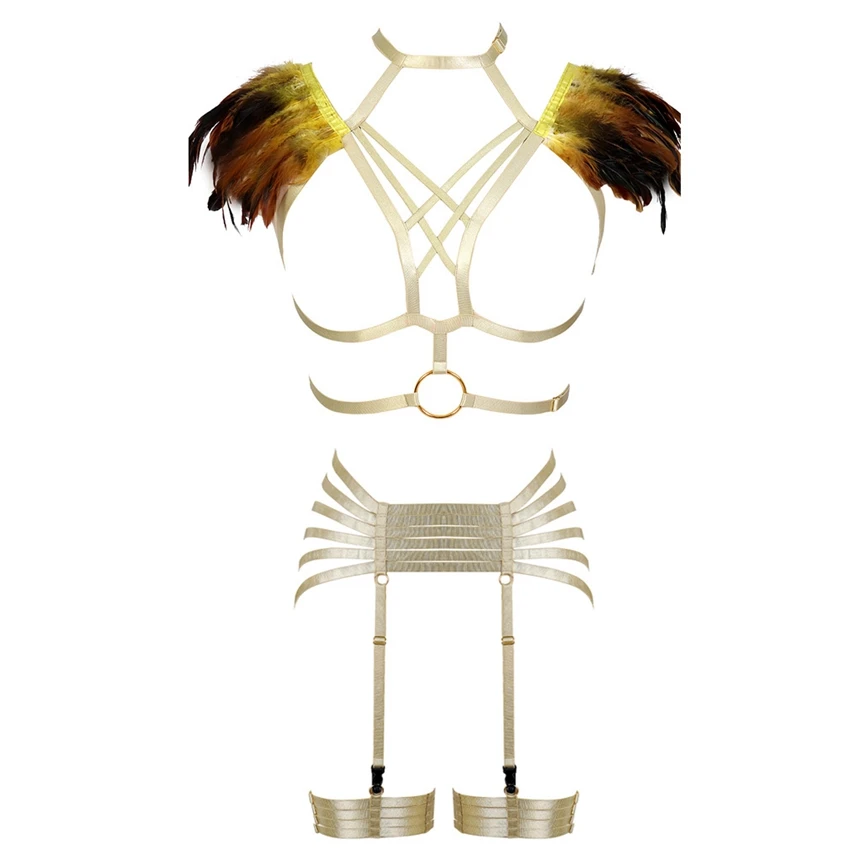 

Strappy Steampunk Lingerie Feathers Shoulder Epaulettes Harness Women Sexy Garter Belts Top Cage Bra Art Dance Cosplay Clothing