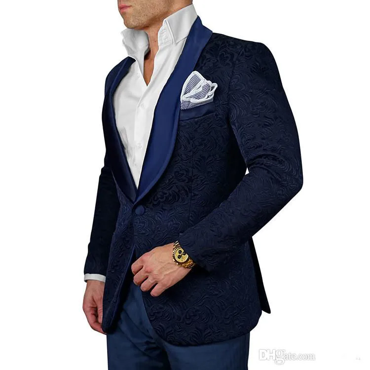 2018 New Design Paisley Navy Blue Wedding Tuxedos Groommens Suits Mens Prom Suits(jacket +pants) | Мужская одежда