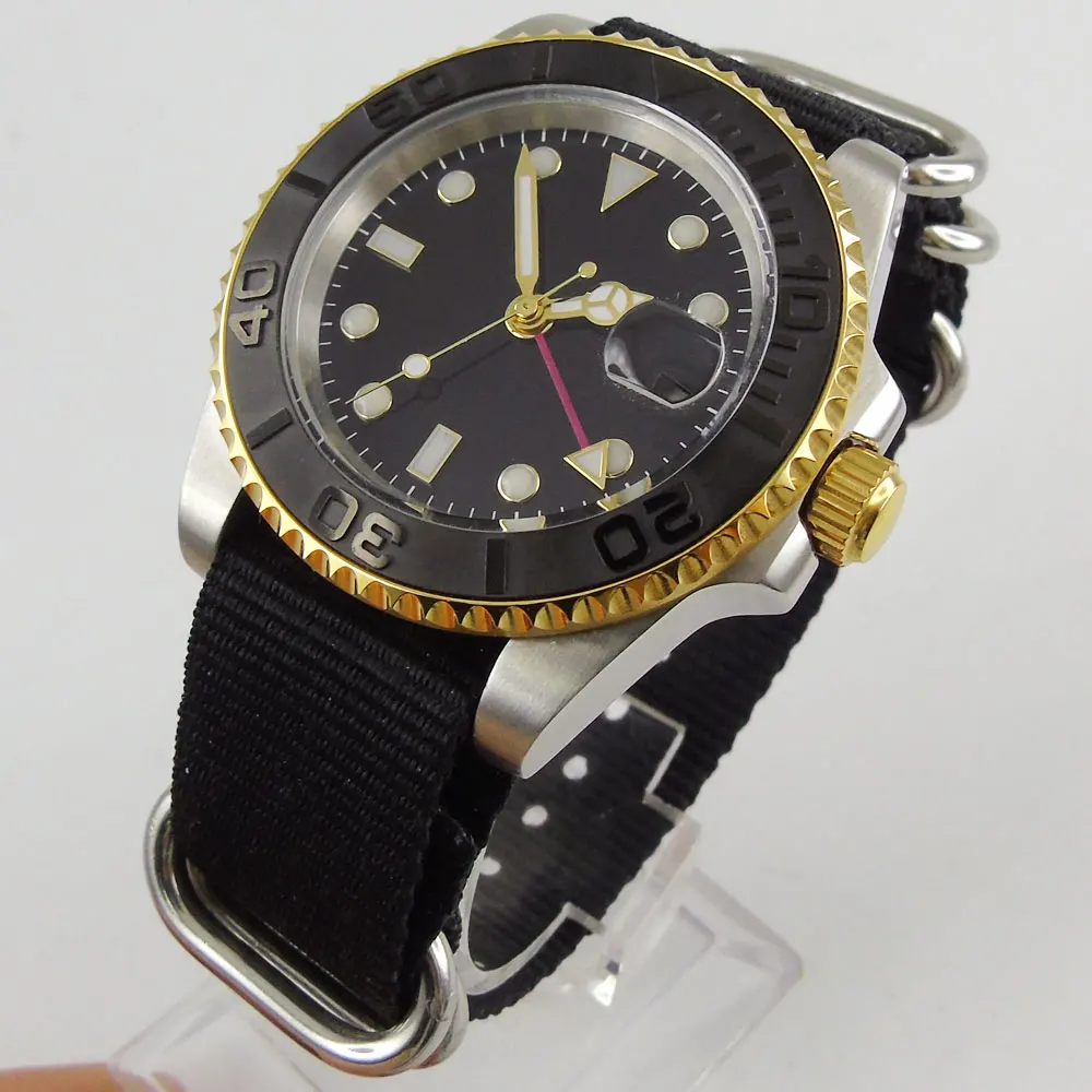 

Sapphire Crystal 40MM Black Sterile Dial Golden Plated Case GMT Function Luminous Marks Automatic Movement Men's Watch A13