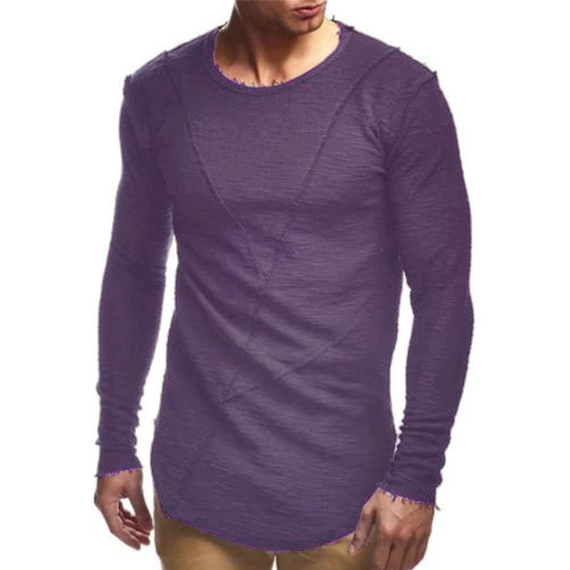 Comfortable Extend HipHop Men T Shirt Long Sleeve Basic Solid O-Neck Patchwork Loose Gyms Muscle Shirts Tee Male Clothing - Цвет: Purple