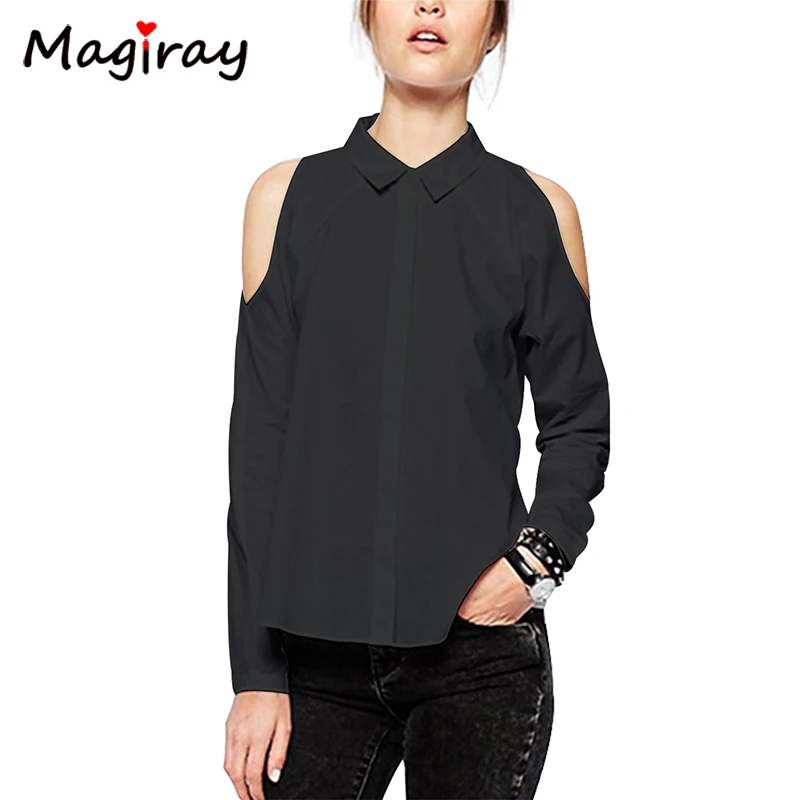 Magiray طويل كم قبالة تلة الكتف قميص المرأة زر أسفل الأبيض بلوزة الأسود عارضة 2019 فضفاض الصيف الإناث السيدات قمم