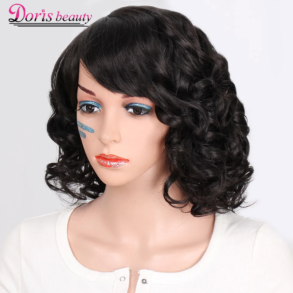 

Doris beauty Black Synthetic Short Wigs for Women with Bangs Wavy Short Wig Heat Resistant Fiber Red Cosplay
