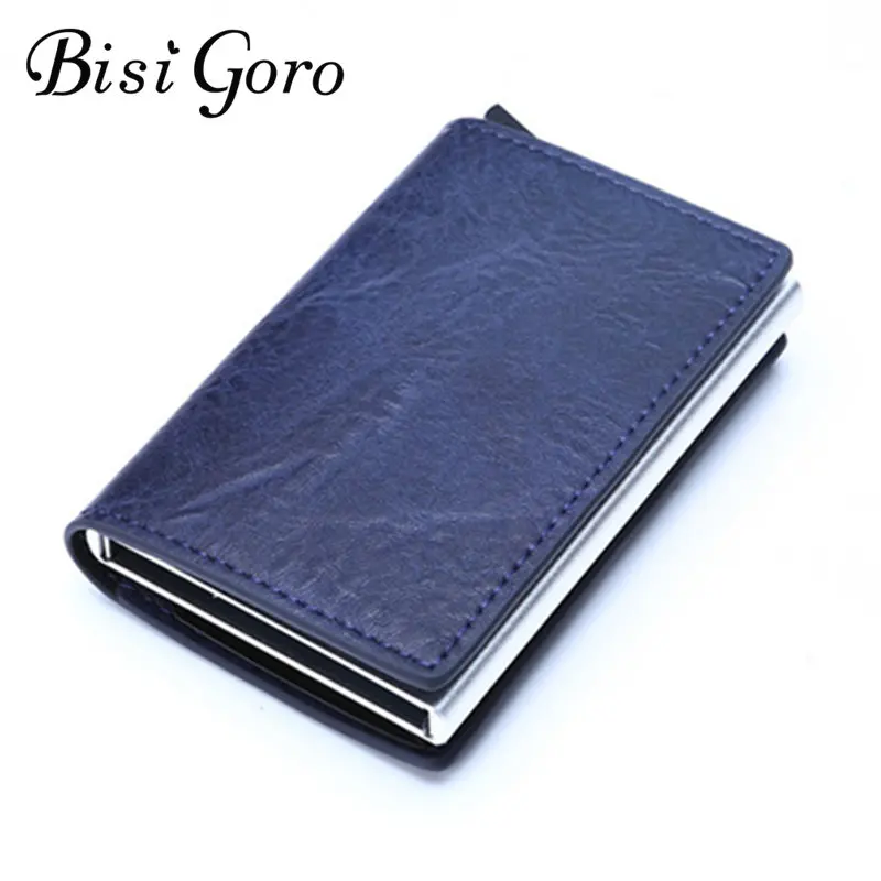 

BISI GORO Single Box Card Holder PU Leather Card Wallet New Men RFID Blocking Aluminum Smart Multifunction Slim Wallet Card Case