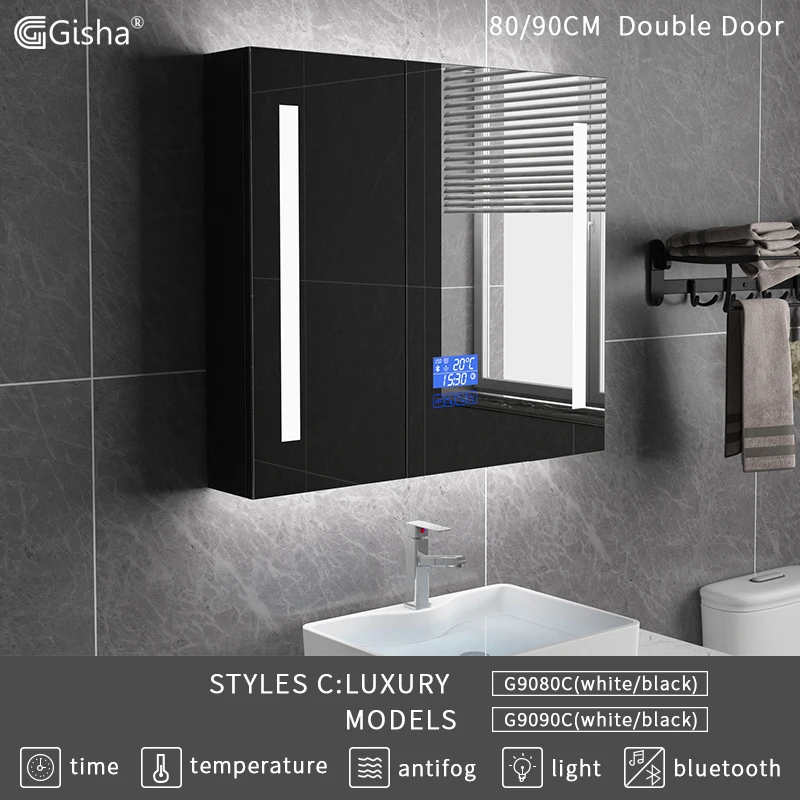 Gisha Настенный умный светодиодный шкаф с зеркалом для макияжа с сенсорным экраном и Bluetooth, интеллектуальное анти-запотевающее зеркало для ванной