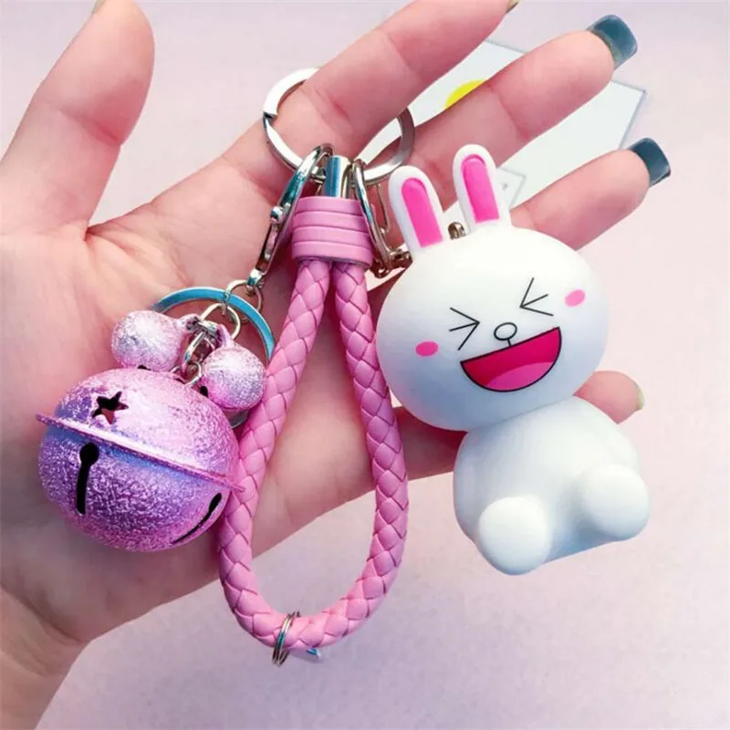 

Cute Cartoon Little Bunny Rabbit Bear Keychain Leather Rope Key Holder Metal Bell Key Chain Keyring Charm Bag Auto Chaveiro Gift