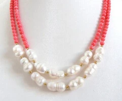 

FREE SHIPPING>>@> A03 17mm white natural pearls pink coral necklace