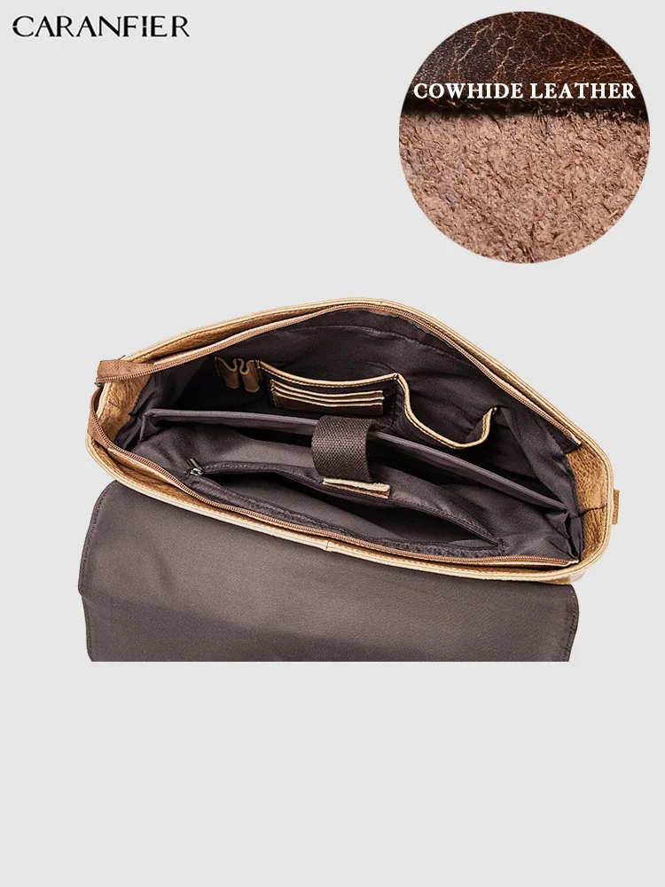 CARANFIER رجل حقائب جلود الأبقار الأصلية الكتف Crossbody أكياس خمر الذكور حقائب الكمبيوتر التجارية السفر أكياس