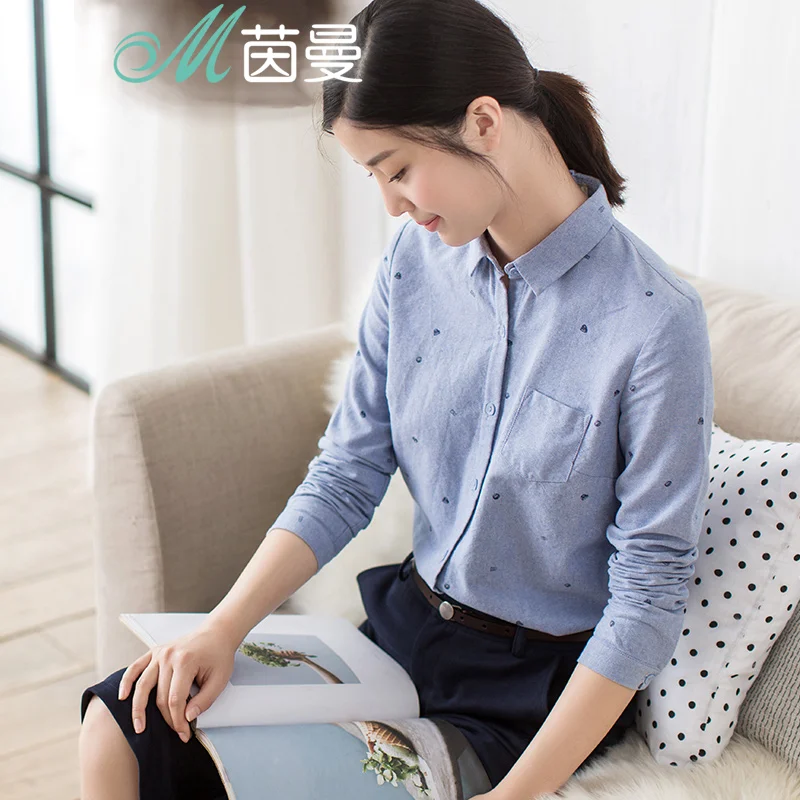 

INMAN 2017 spring new literary style pure cotton polka-dot long sleeves shirt women blouse tops