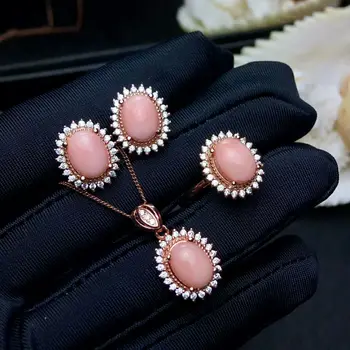 

MeiBaPJ Natural Jelly Pink Coral Gemstone 925 Silver Earrings Ring Pendant Necklace 3 Suits Fine Wedding Jewelry Sets for Women