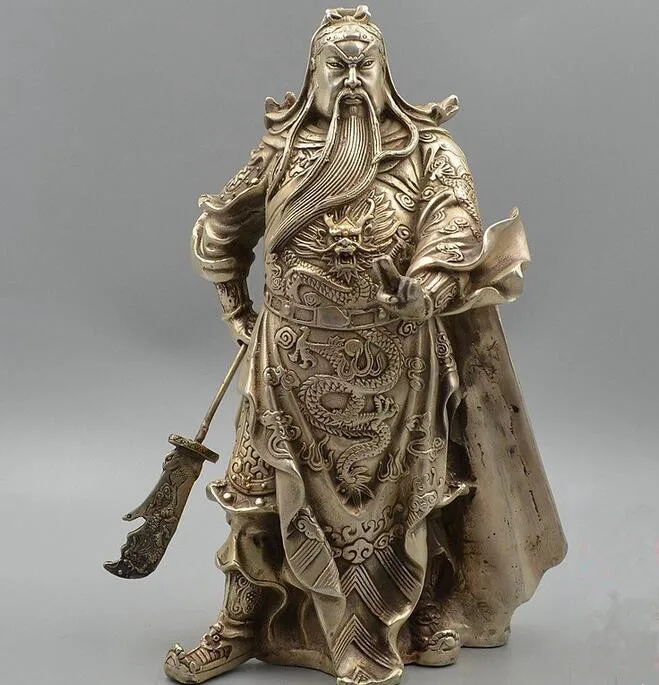 

China collection archaize white copper god of wealth guan gong statue