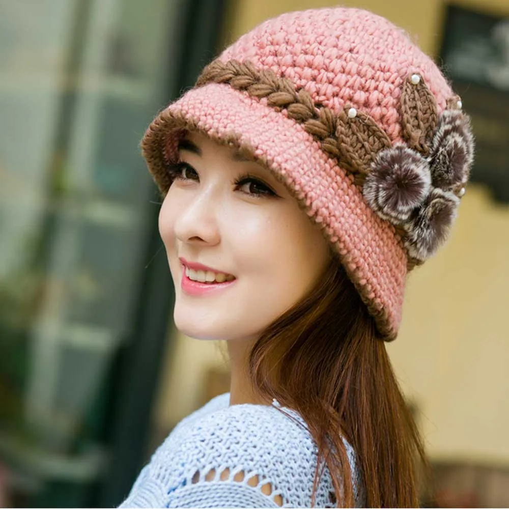 Новинка, женская зимняя модная теплая шапка, вязаная шапка, украшенные цветами, уши, шляпа сомбреро