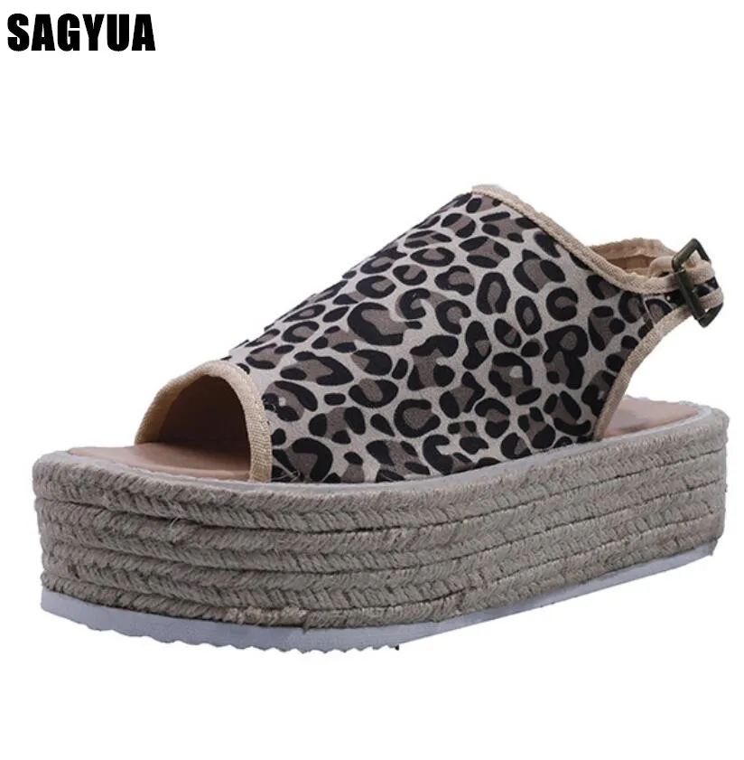 

Women sandal summer Leopard Fish mouth Thick bottom shoes ladies new Weaving platform slip on Buckle Leisure woman shoes Z072