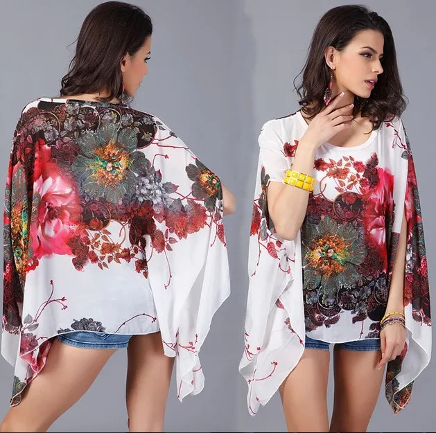 

Women Summer Loose Blouse 2015 New Fashion Floral Print Chiffon Batwing Sleeve Casual Shirt Top Summer Chiffon Beach Blouses